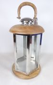 Hexagonal metal and wood table lantern with handle, D25cm,