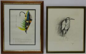 'Grey Heron', 20th century pencil drawing signed with monogram by Martin Knowelden,