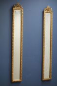Pair narrow gilt framed bevelled edge wall mirrors, W18cm,