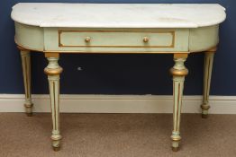 20th century parcel gilt console table, moulded break front white marble top, single drawer,