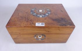 Victorian rosewood work box with ivory and mother of pearl inlay,