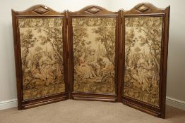 20th century oak folding dressing screen with three tapestry panels,