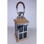 Satin finish metal and wood lantern with carrying handle, W20cm,