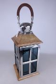 Satin finish metal and wood lantern with carrying handle, W20cm,