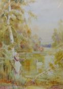 Lady Resting By a Lake with Swans, watercolour signed by Theodore Hines (British fl.