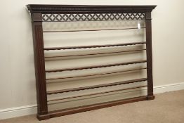 18th century oak four tier delft plate rack, with reeded uprights, dentil cornice,
