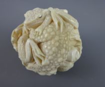 19th Century Japanese carved ivory Okimono ball depicting toads, frogs and terrapins,