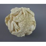 19th Century Japanese carved ivory Okimono ball depicting toads, frogs and terrapins,