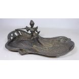 Art Nouveau style bronze card tray depicting a young maiden reading, L33.