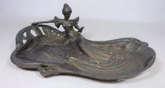 Art Nouveau style bronze card tray depicting a young maiden reading, L33.