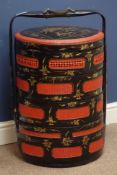 Chinese black lacquered four tier cylinder basket carrier, wicker effect, gilt decoration,