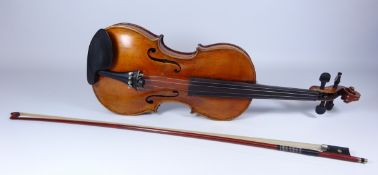 20th century violin, two piece back, stamped Stainer, and with label inside, with bow stamped R.