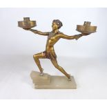 Art Deco spelter figural table lamp, modelled as a dancing lady on onyx stepped plinth,