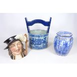 Royal Doulton character jug 'Athos' Ironstone blue and white planter H30cm and a Ringtons lidded