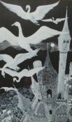 Figure in Castle with Swans Flying Above, 20th century surrealist gouche unsigned 49cm x 29.