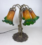 Art Nouveau style five branch table lamp with coloured glass shades,