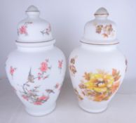 Two Italian opaque glass table lamps in the form of lidded vases, decorated with floral sprays,