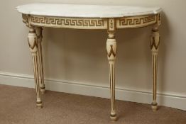 20th century parcel gilt console table, shaped front with moulded white marble top,