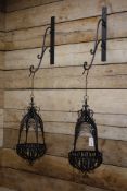 Pair black finish metal wirework hanging baskets with brackets, W36cm,