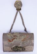 Japanese Meiji period embroidered tobacco pouch decorated with a dragon amongst clouds and brass