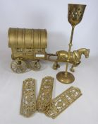 Heavy brass horse and cart, souvenir walking stick with various badges,