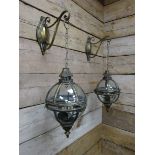 Pair bronze finish metal and glass three light wall lantern with brackets, D25cm,