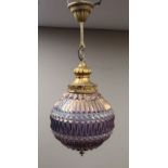 Art Deco style 1960's gilt metal pendant light fitting with lustre glass shade,