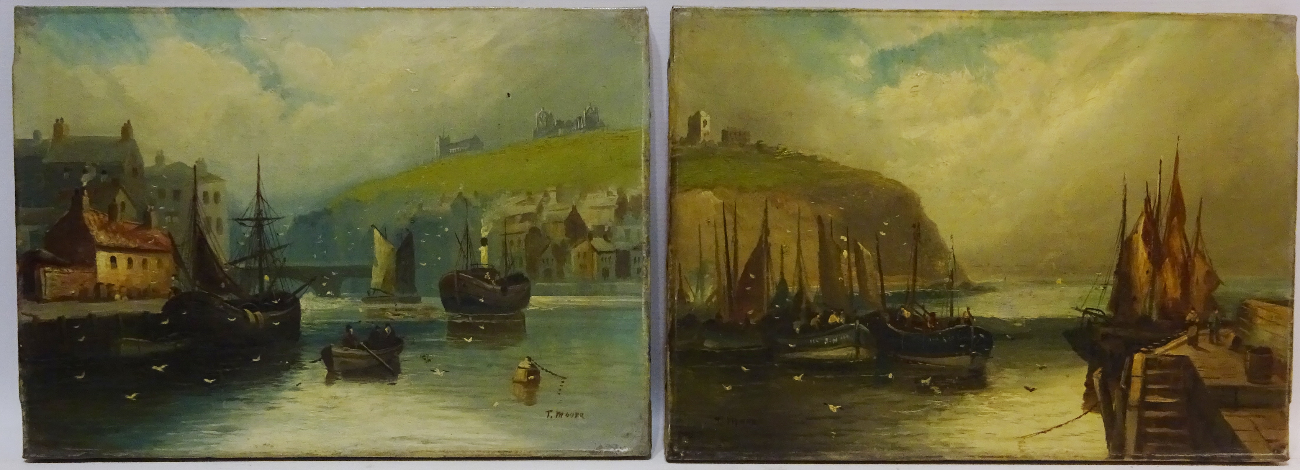 Whitby, pair late 19th century oils on canvas signed by T Moore 25.