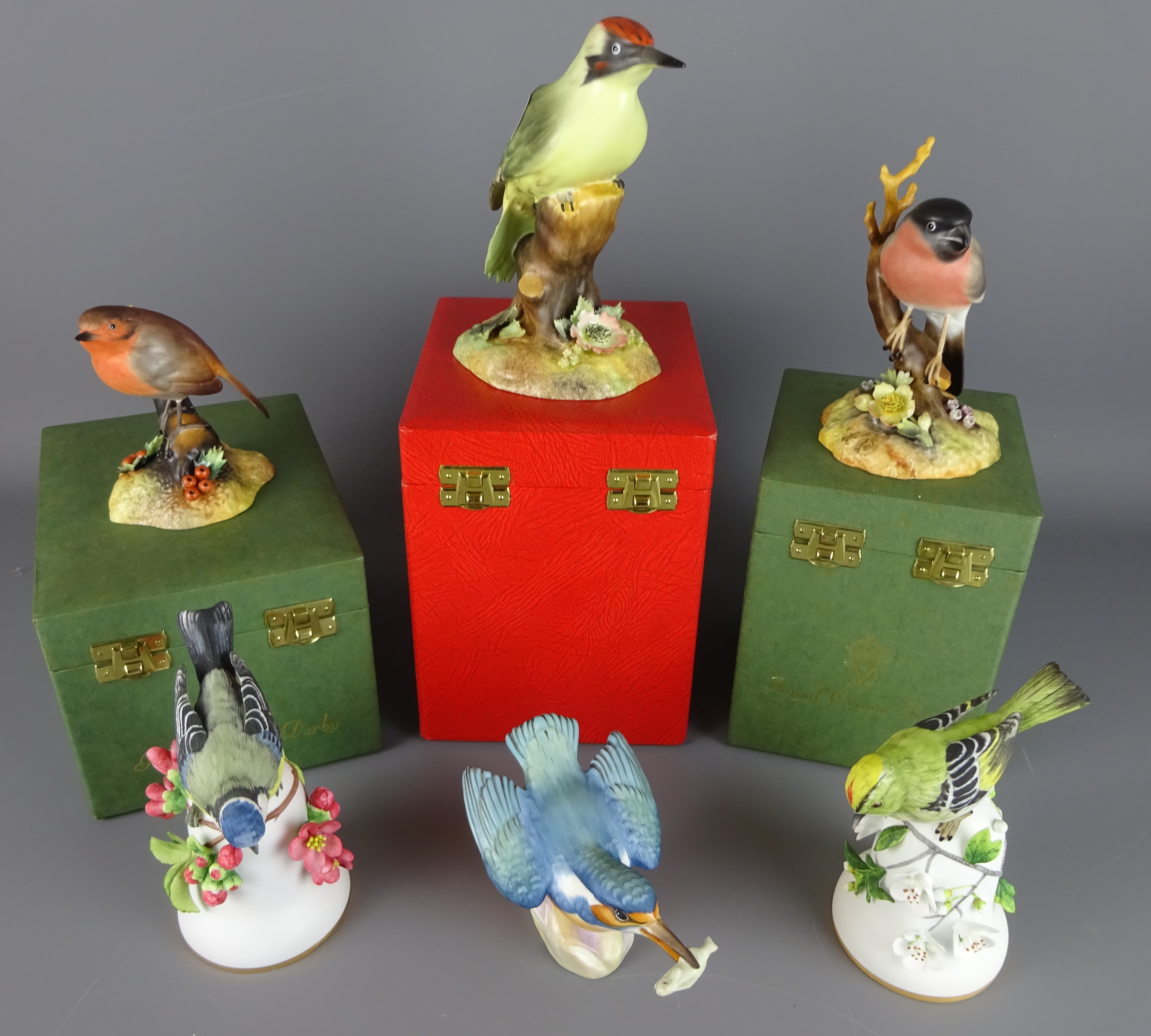 Royal Crown Derby 'Green Woodpecker', 'Bullfinch' and 'Robin' all with original boxes,