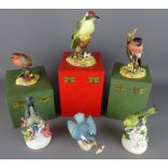 Royal Crown Derby 'Green Woodpecker', 'Bullfinch' and 'Robin' all with original boxes,
