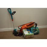 Flymo Glider 350 electric lawn mower, Bosch battery powered strimmer with batteries and chargers,