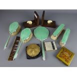 Six piece enamelled and silver dressing table set,