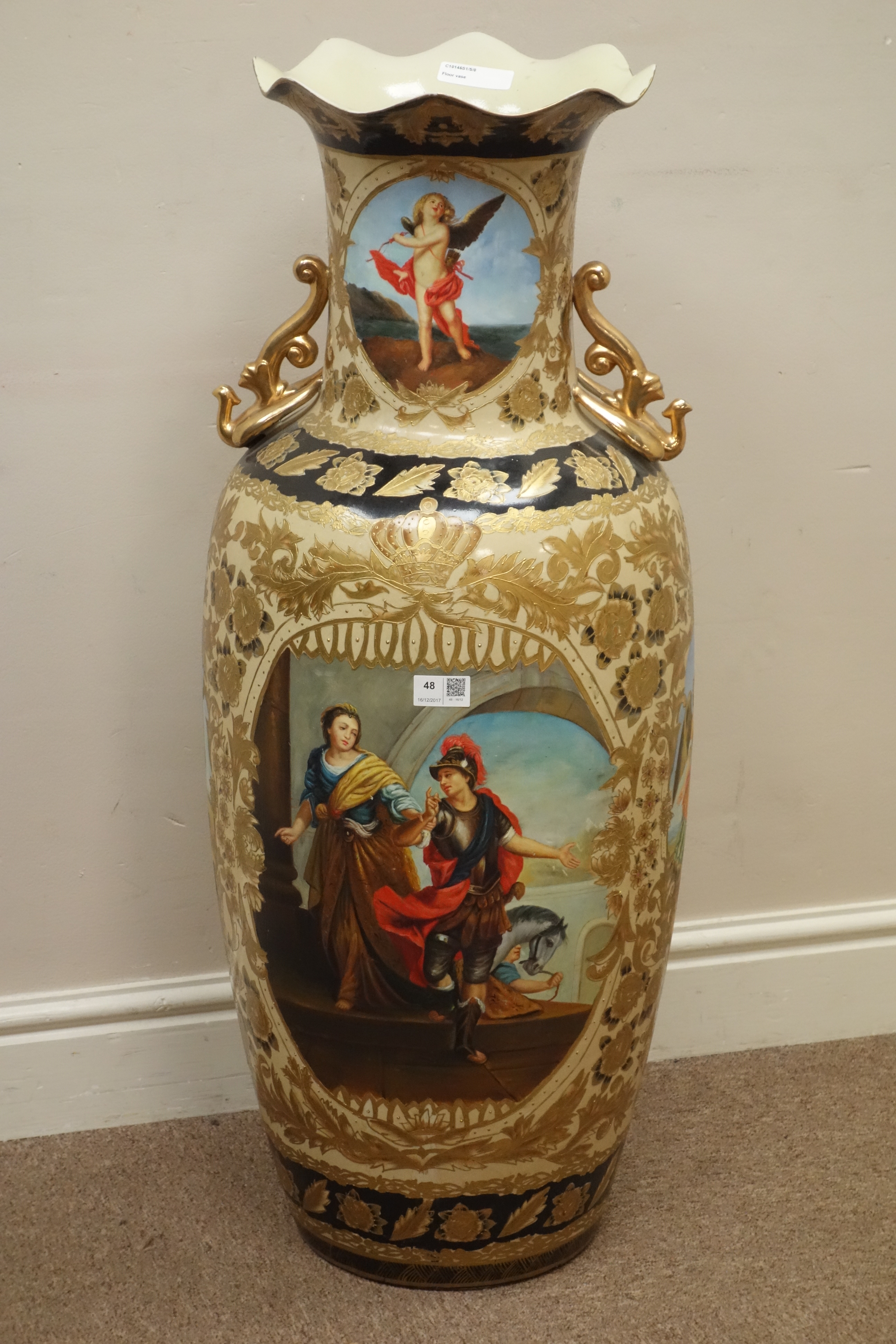 Italian type floor vase decorated with six hand painted classical scenes,