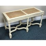 French style painted rectangular dressing table stool, double caned seat (W95cm, H50cm), D43cm,