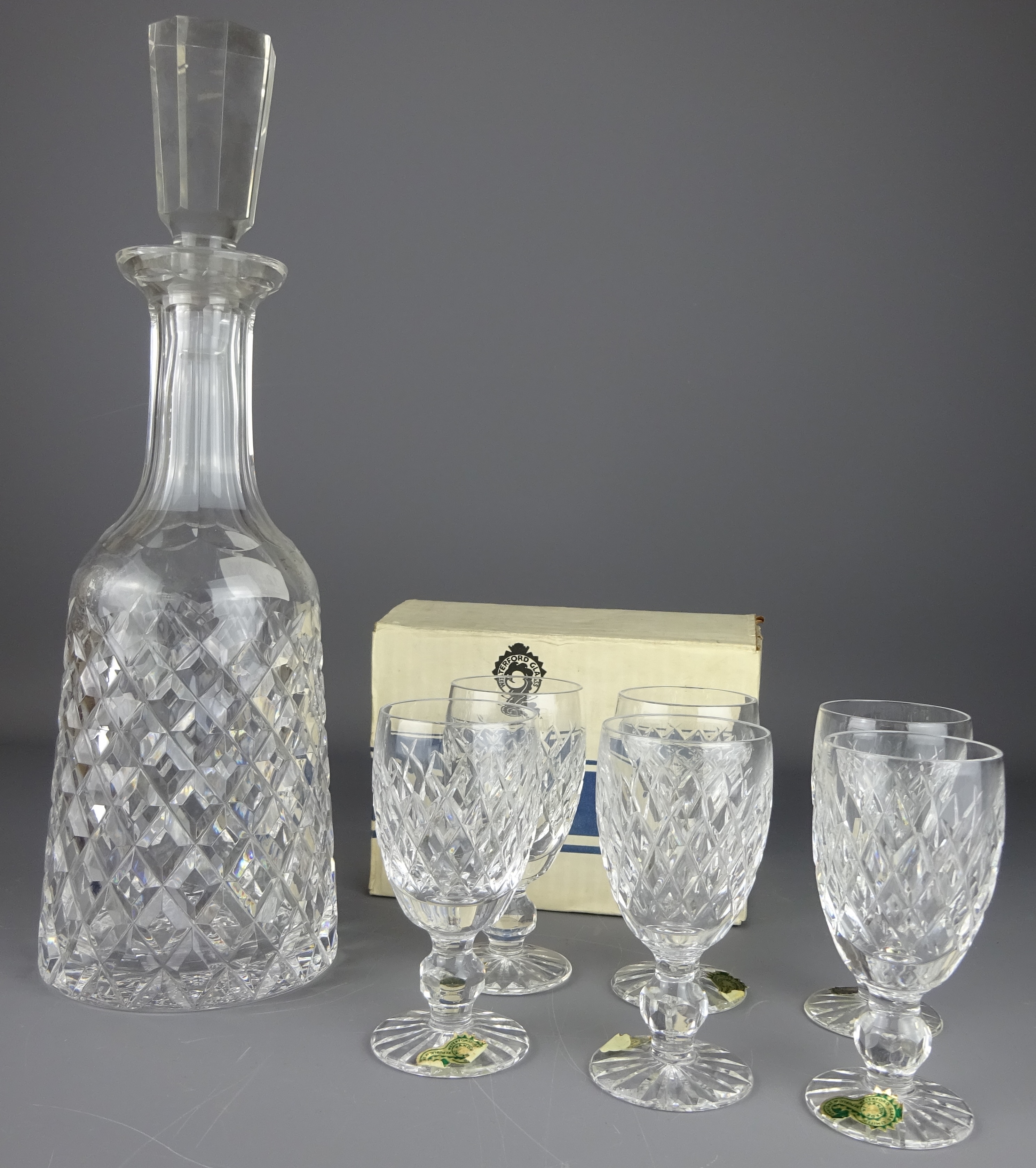 Waterford crystal Boyne pattern decanter and a set of six sherry glasses with box (7)