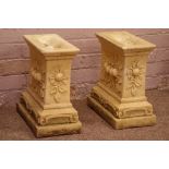 Pair composite stone garden bench supports, decorated with fruit and flowers,