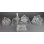 Large heavy cut crystal dressing table jar, two other dressing table jars, tray,