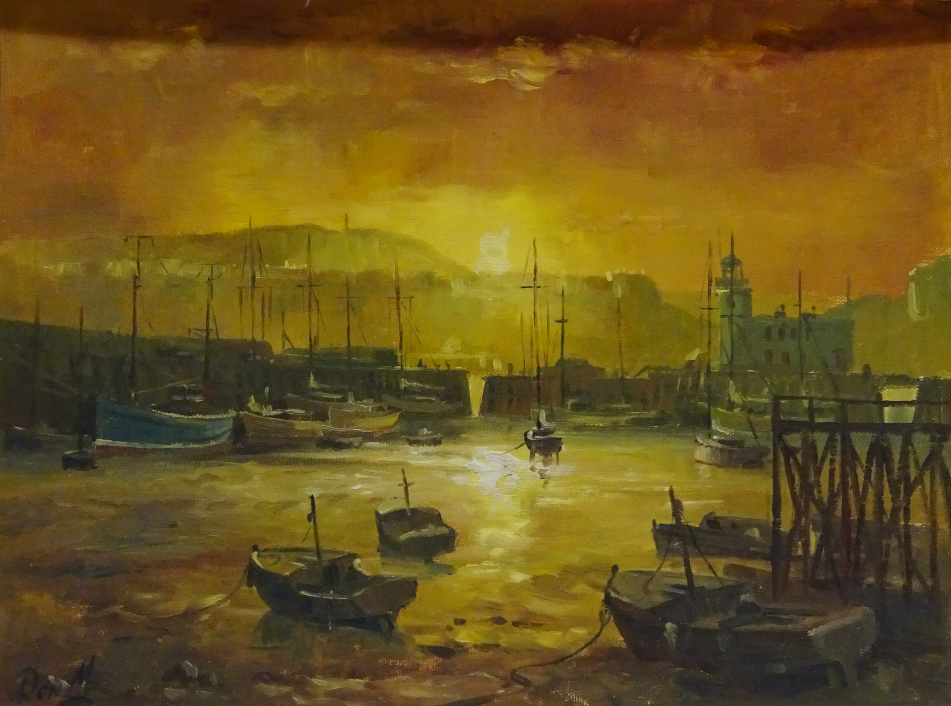 Scarborough Harbour, oil on canvas board signed by Don Micklethwaite (British 1936-),