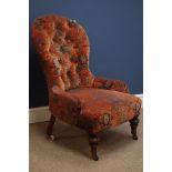 Victorian spoon back nursing chair upholstered in patterned fabric Condition Report