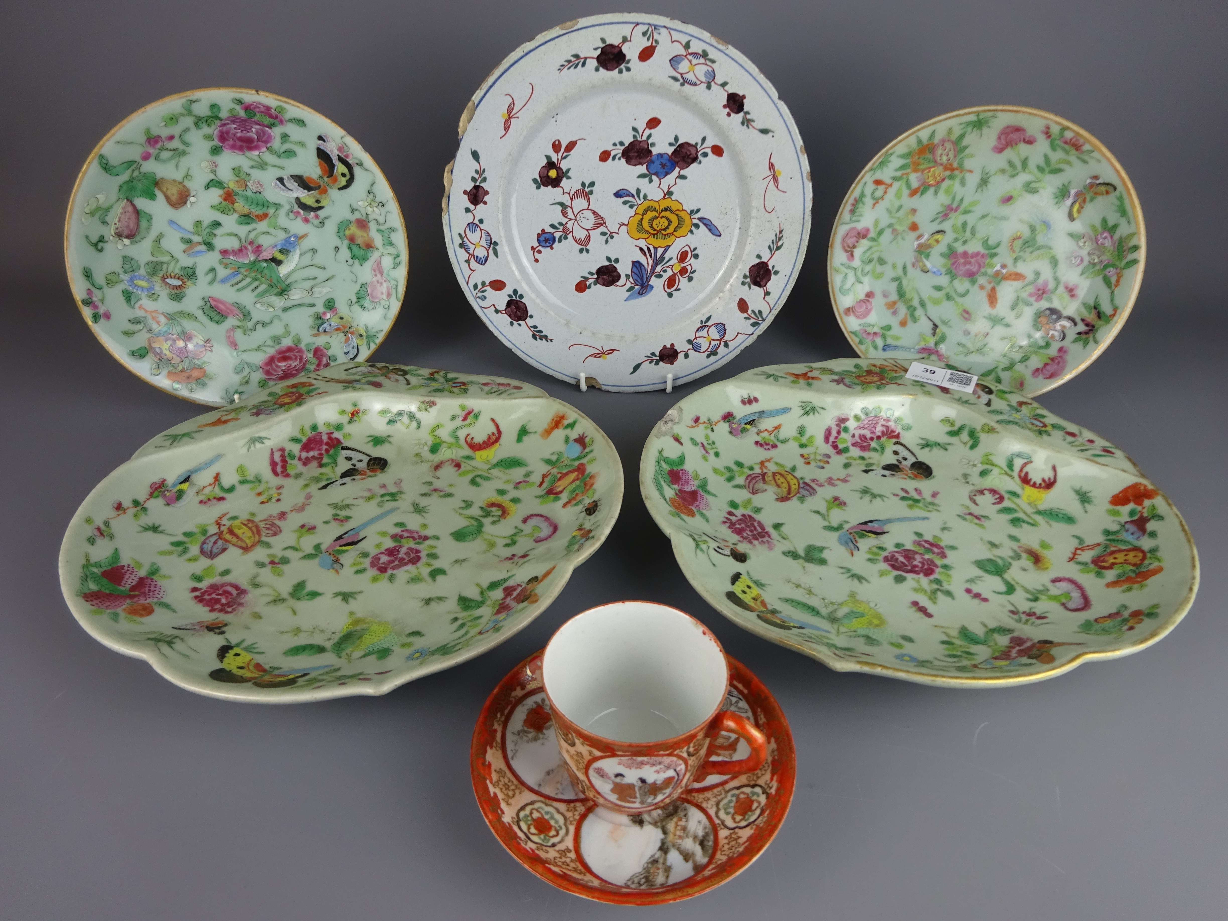 Two 19th Century Cantonese scallop shaped dishes decorated with birds and insects,