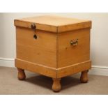 Victorian polished pine ice box, hinged lid with interior metal lined compartment, on turned feet,