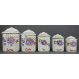Set of five French graduating kitchen storage jars for Sucre, Poivre,