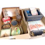 Edwardian oak correspondence box, Victorian papier mache tray hand painted with maritime scene,