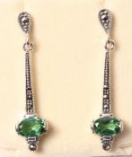 Green tourmaline and marcasite silver drop ear-rings stamped 925 Condition Report