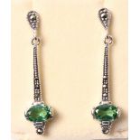 Green tourmaline and marcasite silver drop ear-rings stamped 925 Condition Report