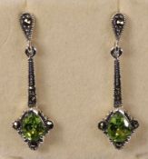 Pair of peridot and marcasite silver drop ear-rings stamped 925 Condition Report