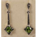 Pair of peridot and marcasite silver drop ear-rings stamped 925 Condition Report