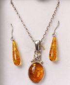 Amber silver pendant necklace and pair ear-rings stamped 925 Condition Report