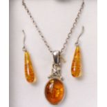 Amber silver pendant necklace and pair ear-rings stamped 925 Condition Report