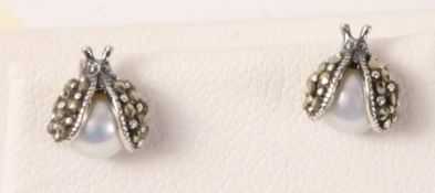 Pair of pearl and marcasite silver Ladybird ear-rings stamped 925 Condition Report